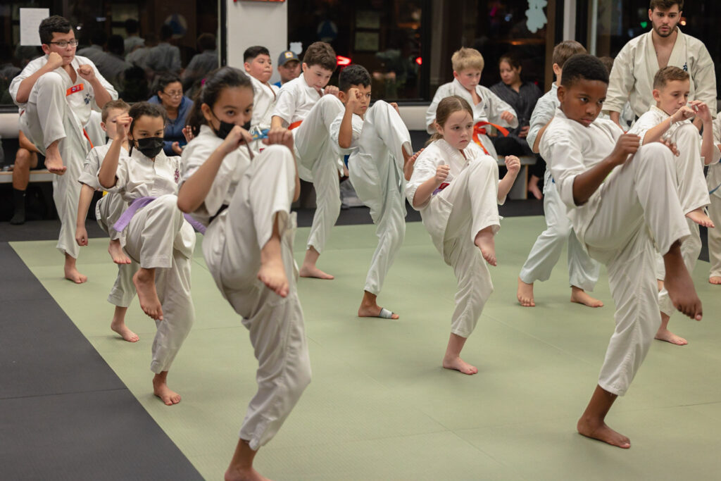 Group of students wearing karate gis with legs raised for a front kick